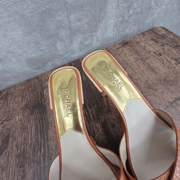 MICHAEL Kors Amelie Embossed Mules 9 M Brown Logo Leather Wooden Heel Designer - Picture 3 of 15